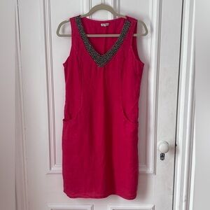 Lina Tomei Italian Red Linen Sleeveless Shift Dress with Beaded V Neckline Small